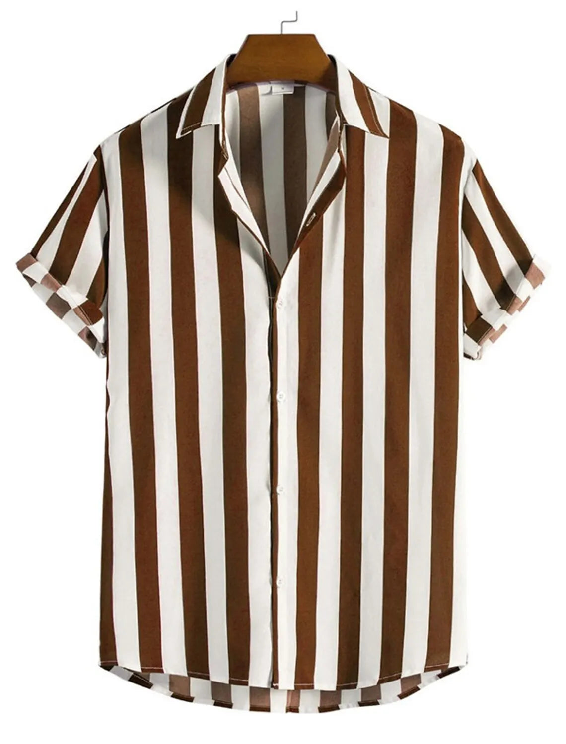 Men Striped Short-Sleeved Button Down Shirt | Casual Loose Lapel Top Brown