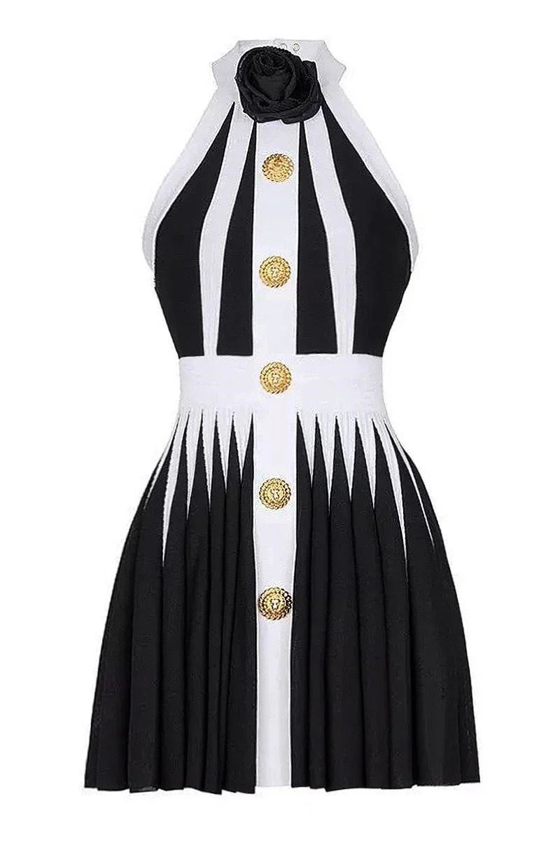 SAFINA HIGH NECK GOLD BUTTON FLOWER FLARE MINI DRESS BLACK