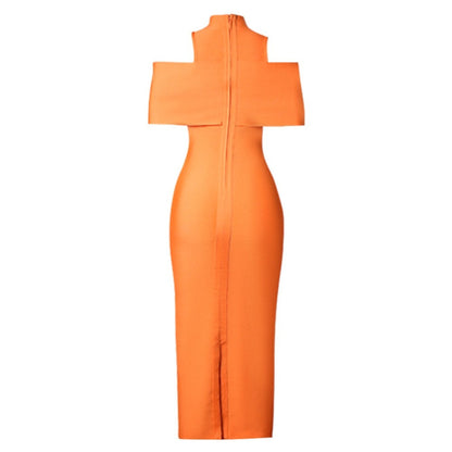SAIDA High Neck Short Sleeve Midi Cut Out Bandage Dress