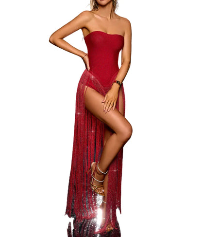 SANDY Strapless Fringe Bodysuit Maxi Bandage Dress