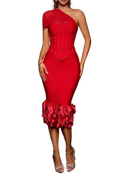 SANNY Ruffled Skirt One Shoulder Bandage Set