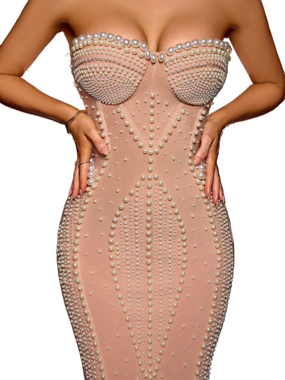 SATINA Strapless Pearls Midi Bandage Dress