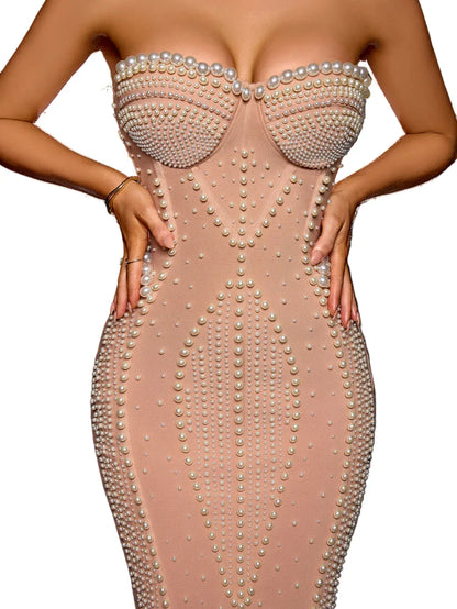 SATINA Strapless Pearls Midi Bandage Dress