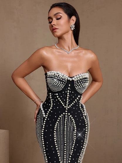 SATINA Strapless Pearls Midi Bandage Dress