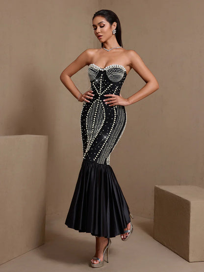 SATINA Strapless Pearls Midi Bandage Dress