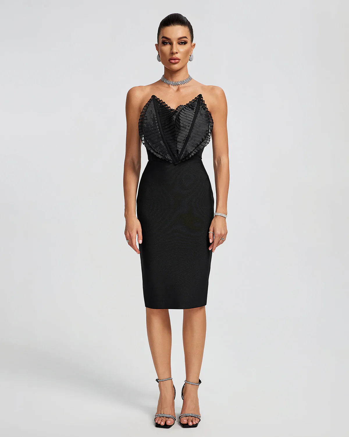 SHERIDAN Strapless Leaves Corset Midi Bandage Dress