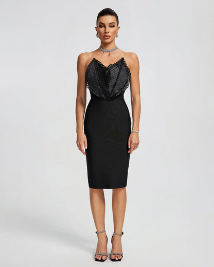 SHERIDAN Strapless Leaves Corset Midi Bandage Dress