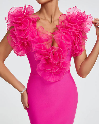 SHIRLEY Ruffle Trim Midi Bandage Dress