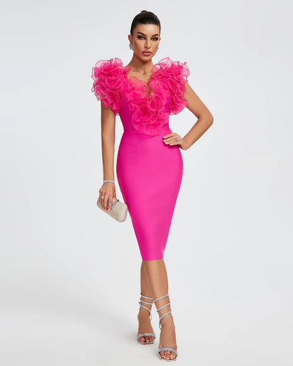 SHIRLEY Ruffle Trim Midi Bandage Dress PINK