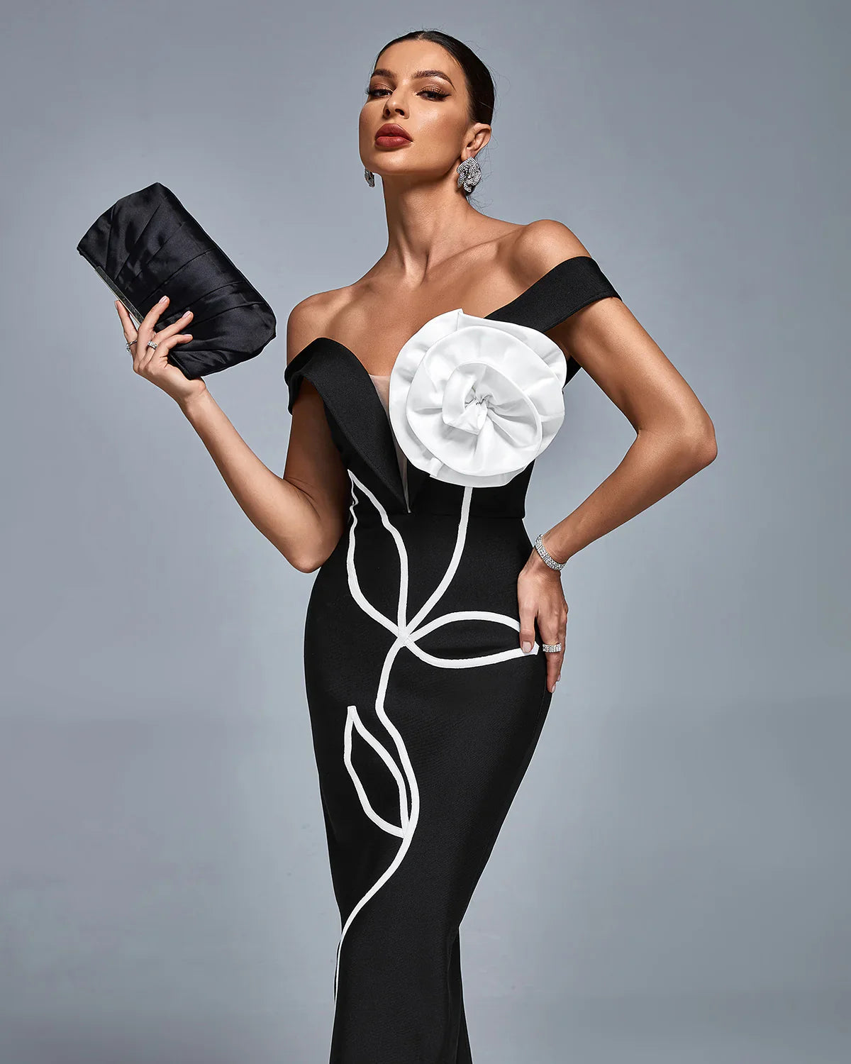 SIREN Off Shoulder Huge 3D Flower Bandage Dress