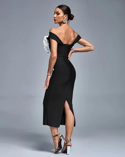 SIREN Off Shoulder Huge 3D Flower Bandage Dress