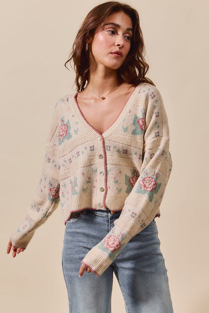 Floral Pattern Button Sweater Cardigan