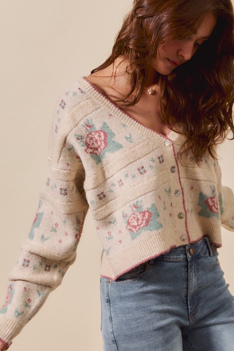 Floral Pattern Button Sweater Cardigan
