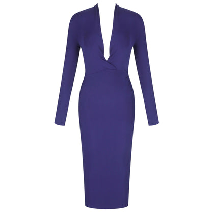 STELLA V Neck Long Sleeve Over Knee Plain Bandage Dress