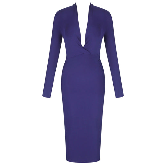 STELLA V Neck Long Sleeve Over Knee Plain  Bandage Dress