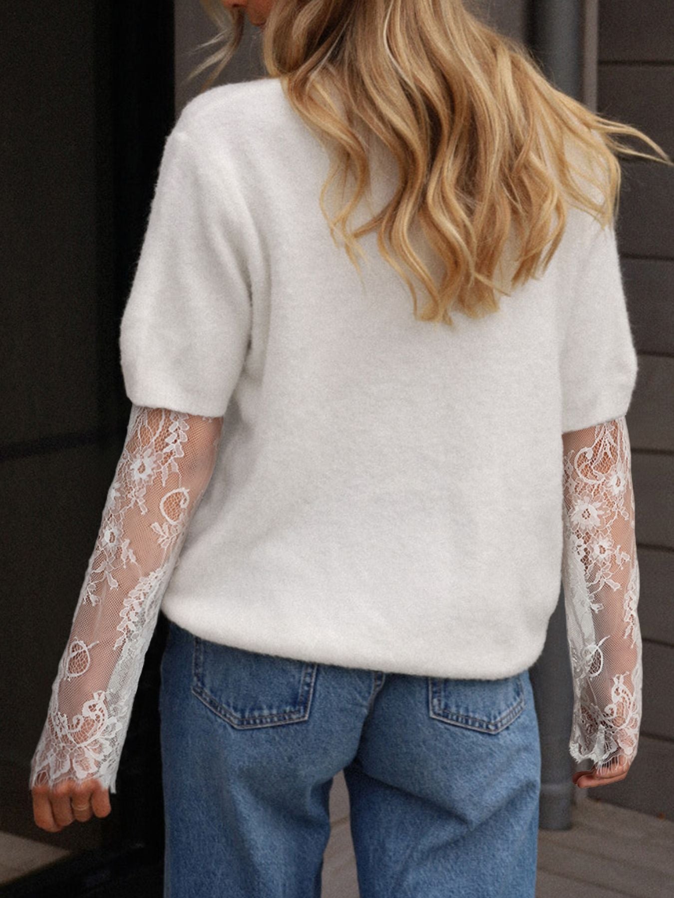 Lace Sleeve Faux Two-Piece Fuzzy Sweater