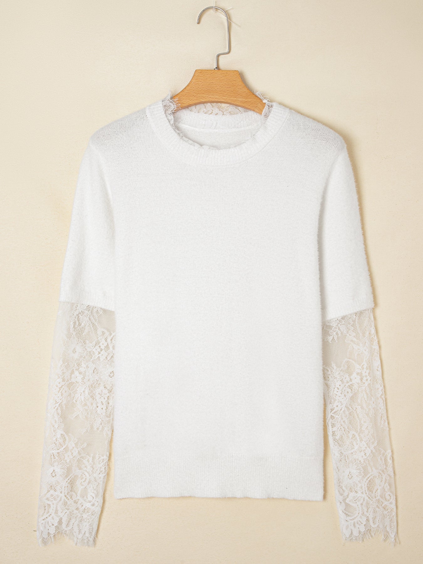 Lace Sleeve Faux Two-Piece Fuzzy Sweater