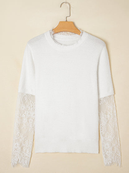Lace Sleeve Faux Two-Piece Fuzzy Sweater