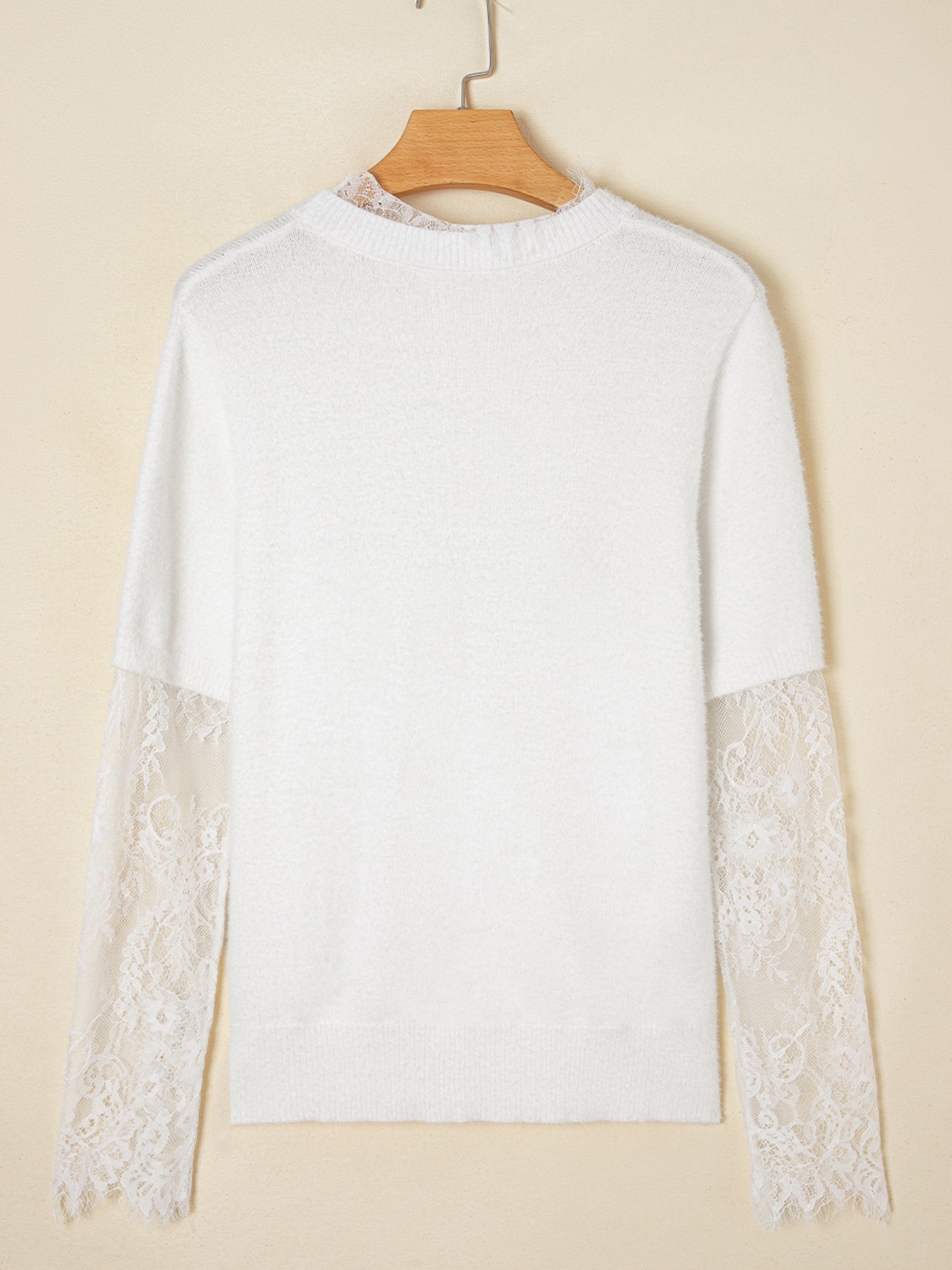 Lace Sleeve Faux Two-Piece Fuzzy Sweater