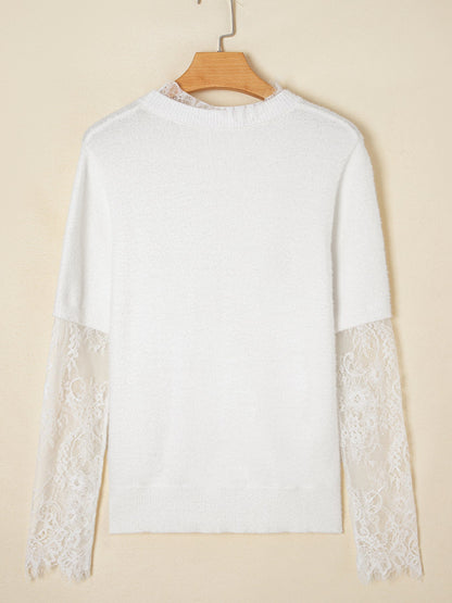 Lace Sleeve Faux Two-Piece Fuzzy Sweater