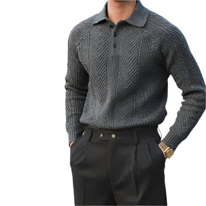 Men Textured Knitted Polo Long Sleeved Sweater | Zipper Jumper Winter Top