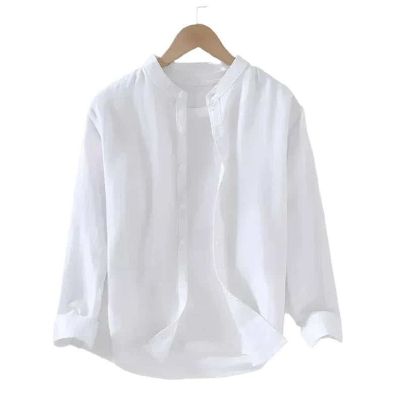 Men’s Mandarin Collared Linen Shirt | Long Sleeves Button Down Top | Plain Color White