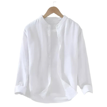 Men’s Mandarin Collared Linen Shirt | Long Sleeves Button Down Top | Plain Color White