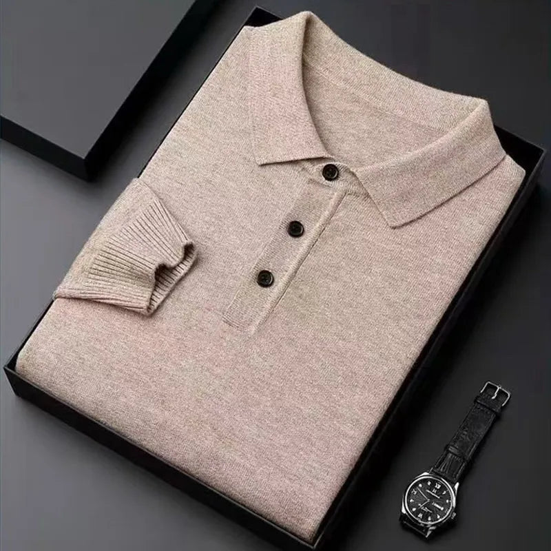 Men Pure Wool Sweater | Polo Knitted Pullover | Warm camel