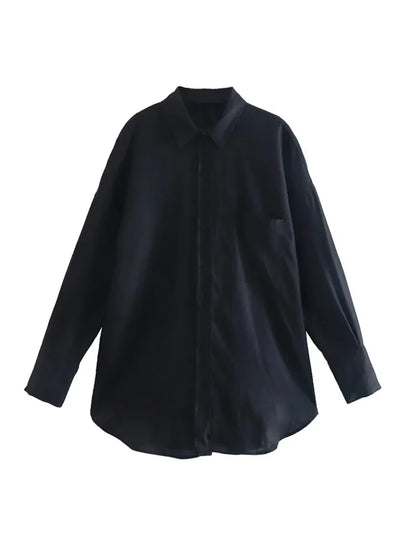 Women Vintage Oversized Linen Button Up Shirt | Chic Long Sleeves Blouse Top Black