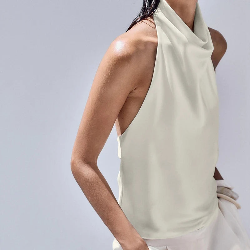 Women Satin High Neck Tank Top | Silk Halter Neck Top | Camisole | Y2K | Summer Beige
