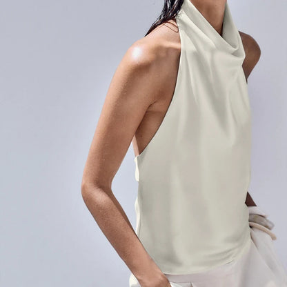 Women Satin High Neck Tank Top | Silk Halter Neck Top | Camisole | Y2K | Summer Beige