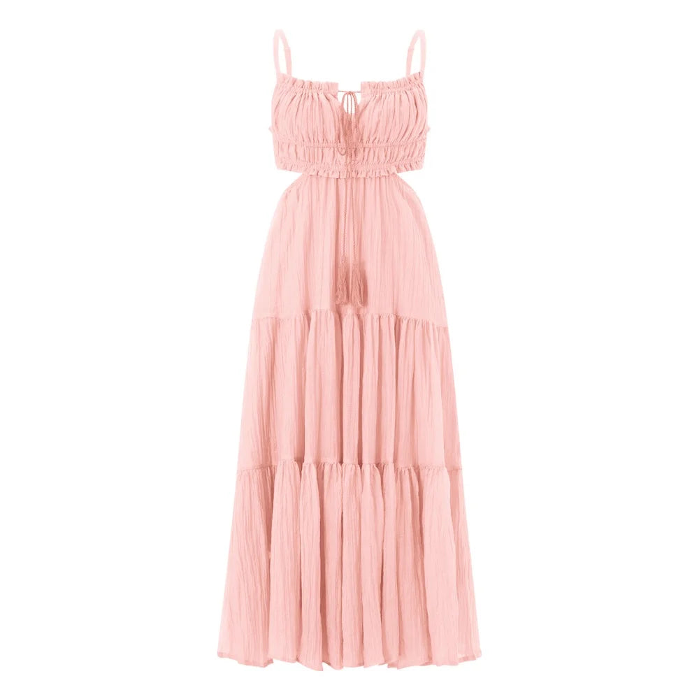 Women Summer Flowy Long Dress | Spaghetti Strap Backless Ruffled A-line Dress | Bohemian Holiday Sundress Pink