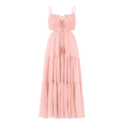 Women Summer Flowy Long Dress | Spaghetti Strap Backless Ruffled A-line Dress | Bohemian Holiday Sundress Pink