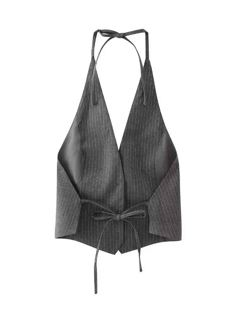 Women's Striped Sleeveless Waistcoat | Vintage V-Neck Backless Lace Up Vest | Chic Vest Tank Top