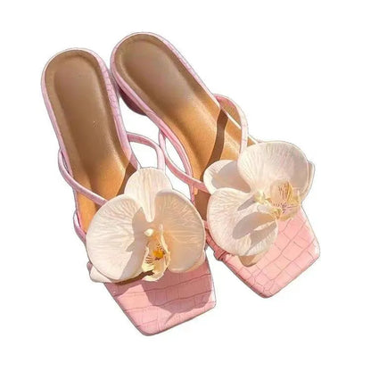 Women Orchid Flower Sandals | Vacation | Beach Sandals | Orchid Sandals | Small Heels Pink