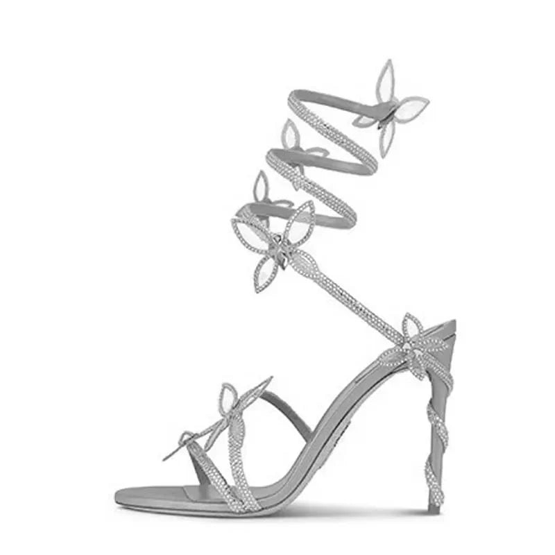 Women Crystal Butterfly-Knot Ankle Strap Sandals | Stiletto High Heels | Party Pumps