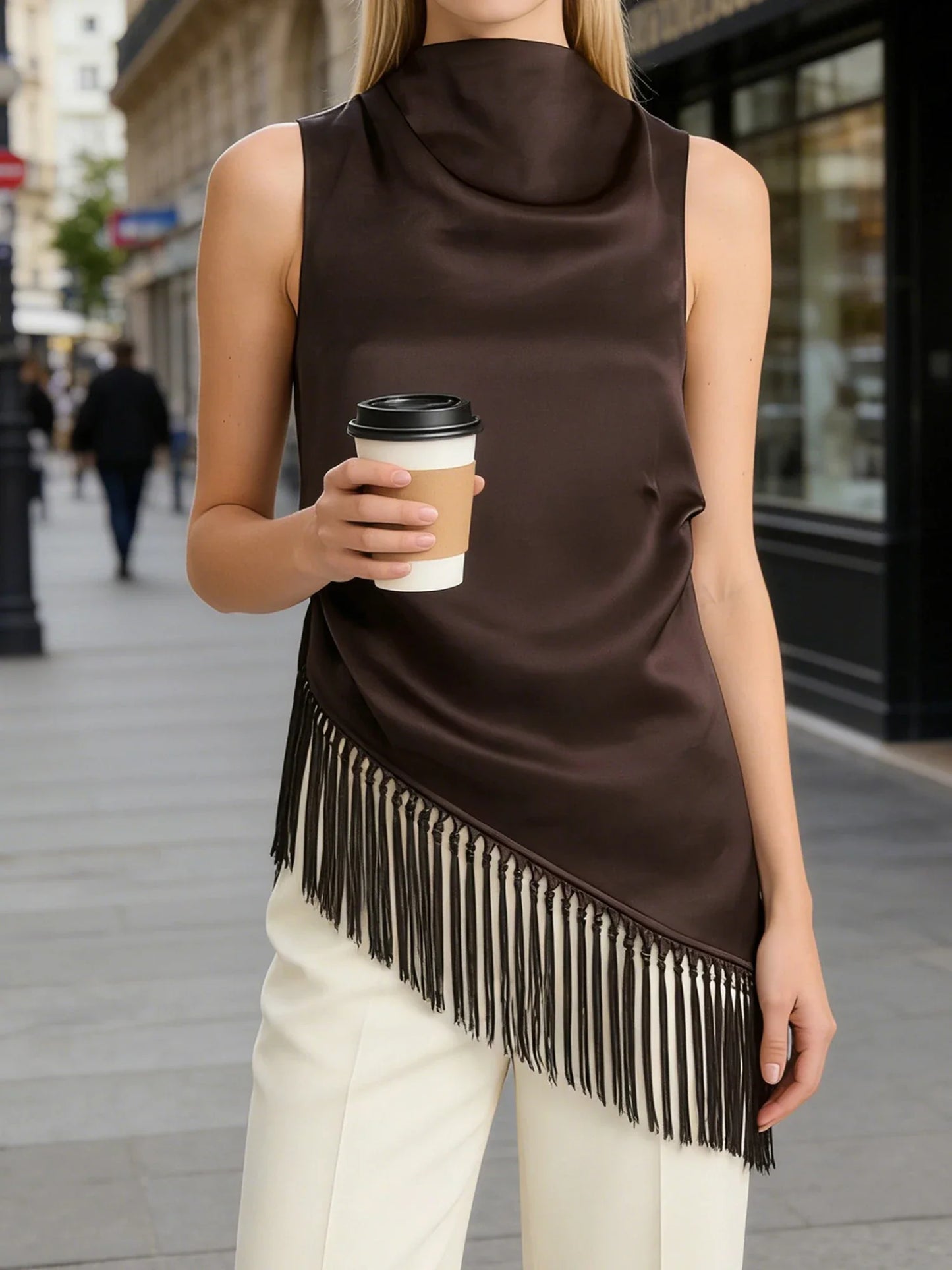 Women Summer Satin Tassel Hem Top | Brown | Sleeveless | High Neck | Long Tank Top