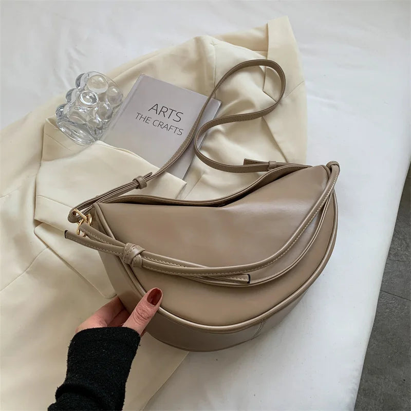 Women Large Capacity Leather Saddle Crossbody Bag Khaki