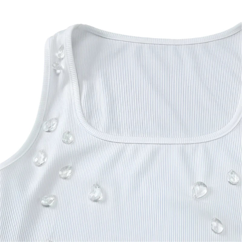 Women Summer Bling Beading Tank Top | Sleeveless Short Cami Tee