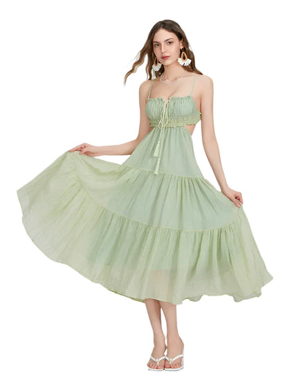 Women Summer Flowy Long Dress | Spaghetti Strap Backless Ruffled A-line Dress | Bohemian Holiday Sundress