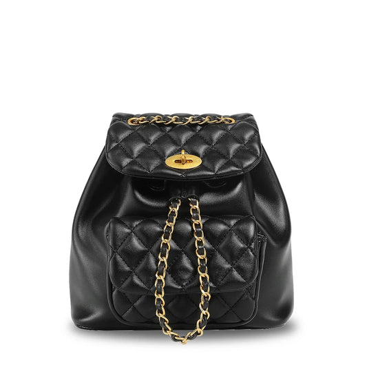 Women Leather Small Quilted Backpack | Drawstring Bag black