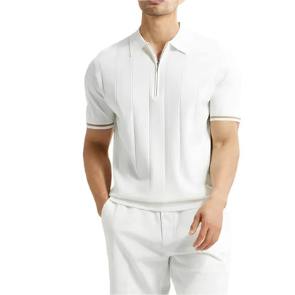 Men Summer Lapel Zipper Polo Top | Business Casual | Vertical Lines Solid Color Polo White
