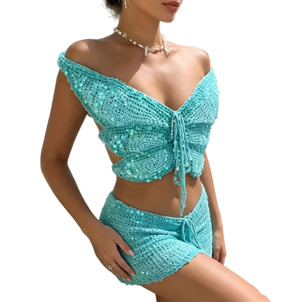 Women Knitted Butterfly Crop Top | Off Shoulder | Sequin Tie-Up Top | Backless