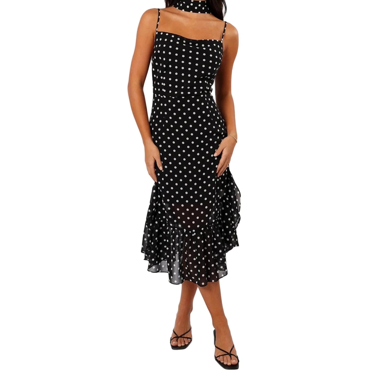 Women Summer Polka Dot Spaghetti Strap Dress | Dot Print | Party Dress with Scarf | Vacation | Beach black