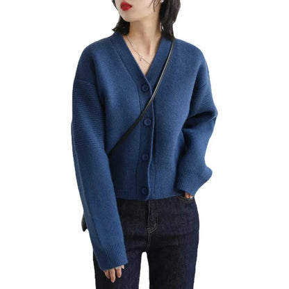 Women Short Long Sleeve Cardigan Blue