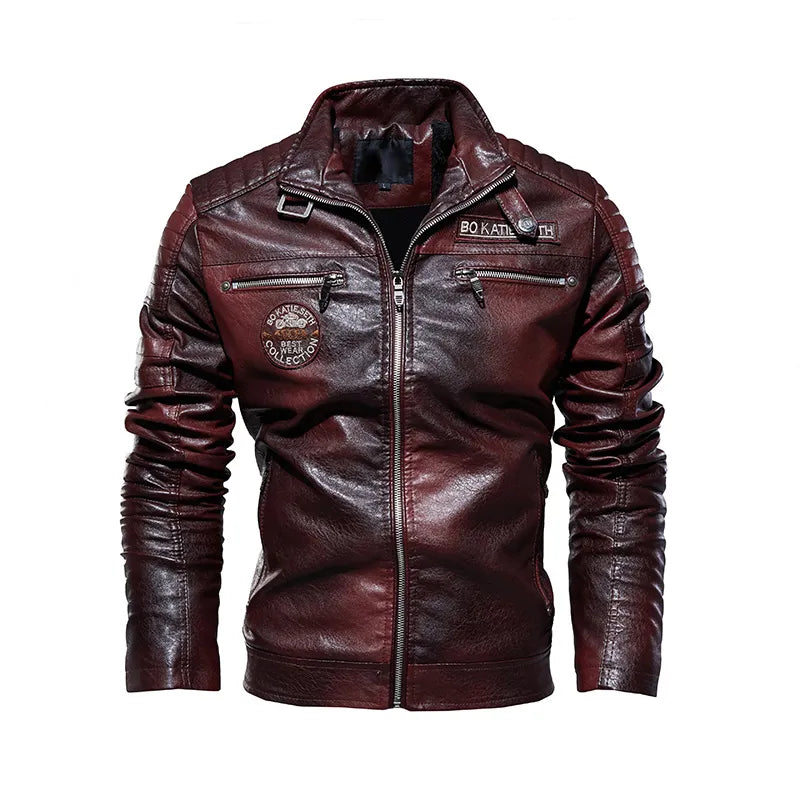 Leather Jacket Men | Fleece Motorcycle Windbreaker Slim Coat | Removable Fur Collar Maroon