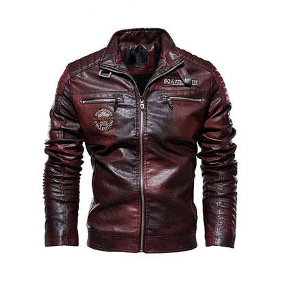 Leather Jacket Men | Fleece Motorcycle Windbreaker Slim Coat | Removable Fur Collar Maroon