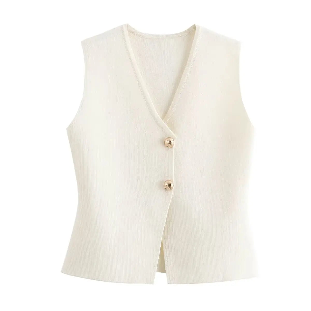 Women V-Neck Pleated Knitted Casual Vest Top | Summer Button Sleeveless Vest beige