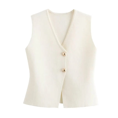 Women V-Neck Pleated Knitted Casual Vest Top | Summer Button Sleeveless Vest beige