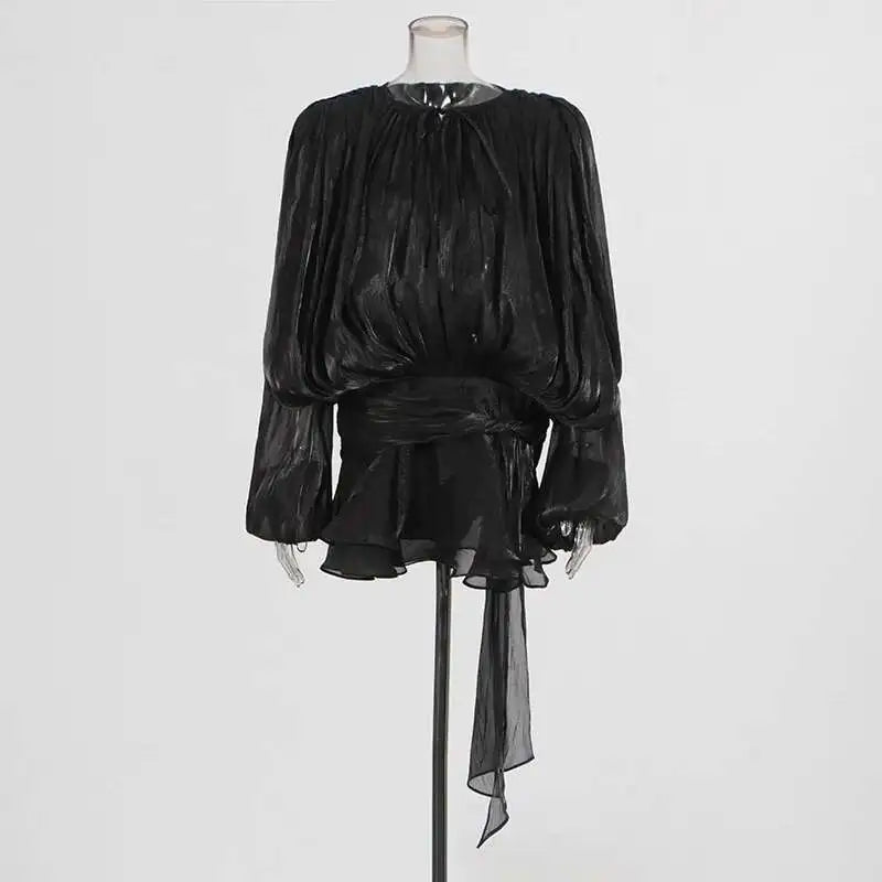 Women Flowy Mini Dress | V Neck | Long Sleeve | Spliced | Lace Up | Blouse Dress